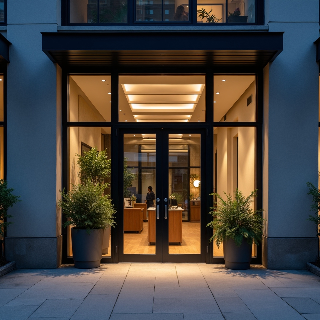 Modern coworking building entrance with glass doors and warm interior lighting visible from outside