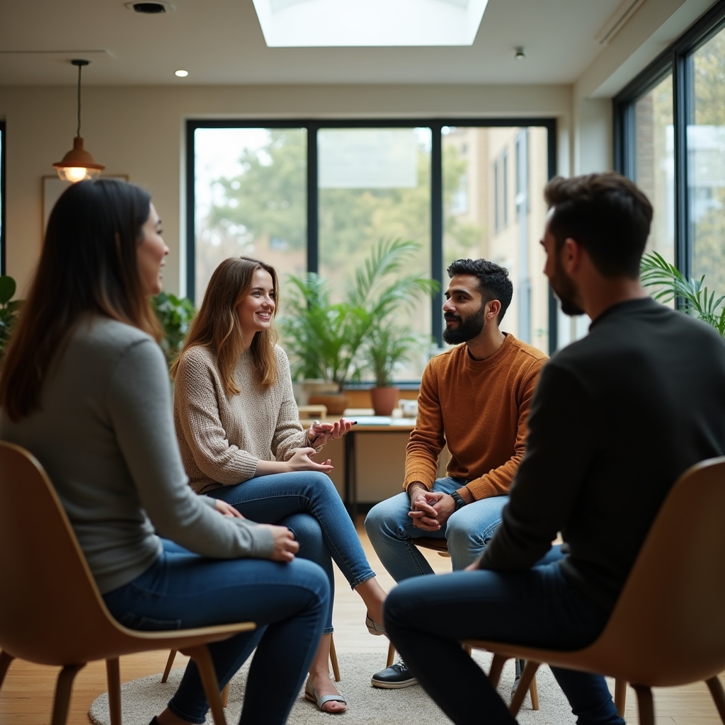 Small group of people seated in a circle of chairs having an open discussion in a bright room