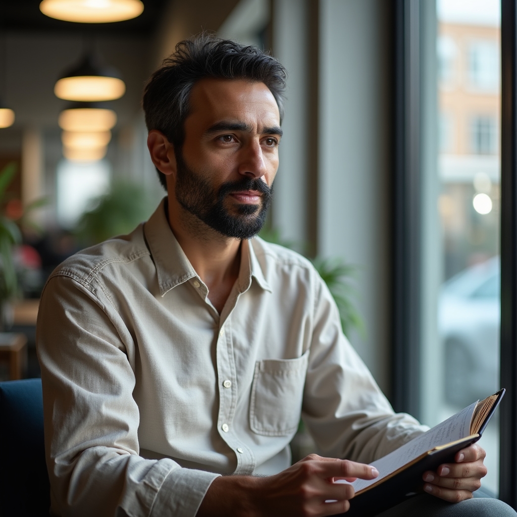 Person sitting quietly near a large window with a closed notebook, in reflective morning light