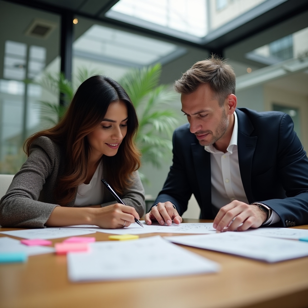 Two colleagues reviewing handwritten notes and sticky notes on a table during a planning discussion