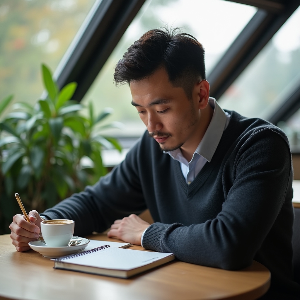 Thoughtful man in smart casual clothing sitting at a coworking table, looking toward a notebook